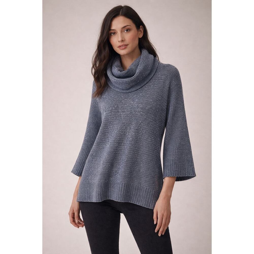 M Rena Women’s Blue Wool Cotton Blend Turtleneck Sweater Ribbed Size L